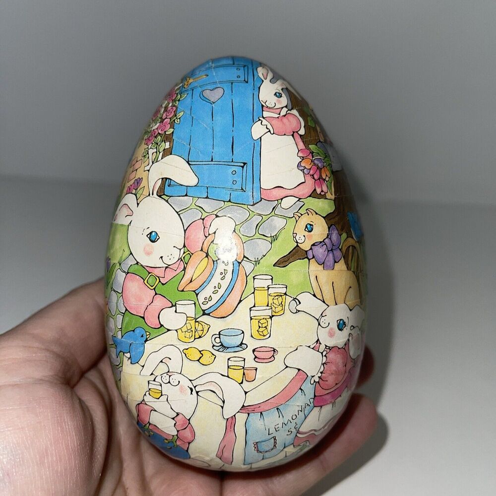 Vintage Paper Mache Bunny Rabbit Family Container W. Germany Plush Bunny Inside